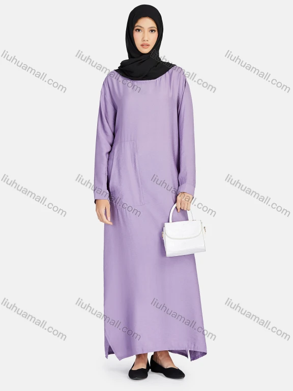 Wholesale Women's Vintage Islamic Muslim Long Sleeve Pockets Abaya Dress 1247#