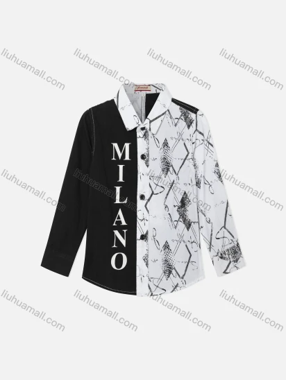 Wholesale Boy's Casual Splicing Colorblock Letter Geometric Print Long Sleeve Shirt