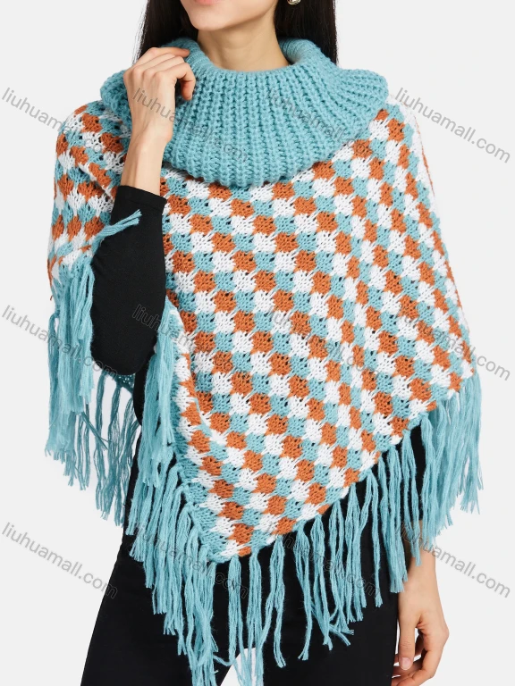 Wholesale Women's High Neck Multi-color Knitted Tassel Fringe Trim Bandana Hem Poncho