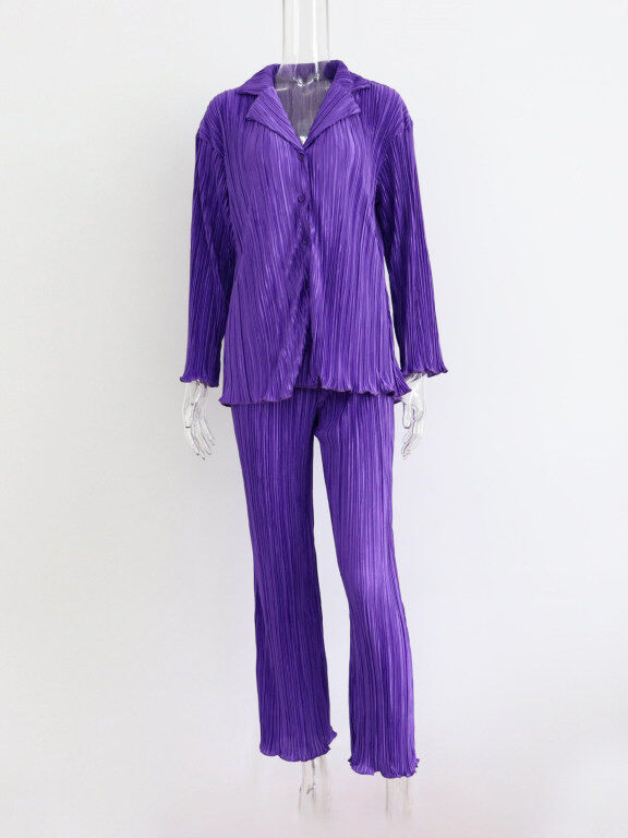 Women's Fashion Pleated Long Sleeve Loose Fit Shirt 2 Piece Set, Clothing Wholesale Market -LIUHUA, 