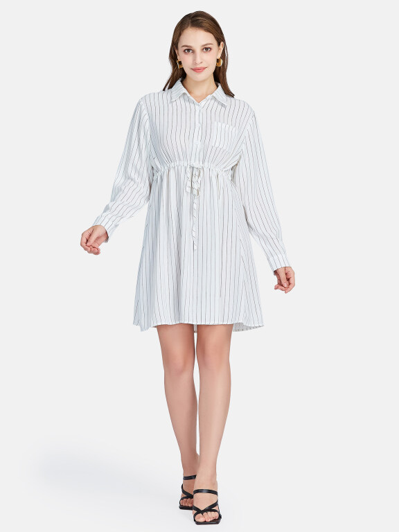 Women's Casual Long Sleeve Striped Drawstring Shirt Dress, Clothing Wholesale Market -LIUHUA, Dress%20Shirts
