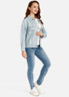 Wholesale Women's Plain Long Sleeve Ripped Distressed Rhinestone Flap Pockets Pearl Decor Denim Jacket - Liuhuamall