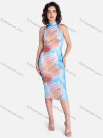 Wholesale Women's Casual Allover Print Mock Neck Backless Bodycon Midi Tank Dress, LIUHUA CLOTHING WHOLESALE