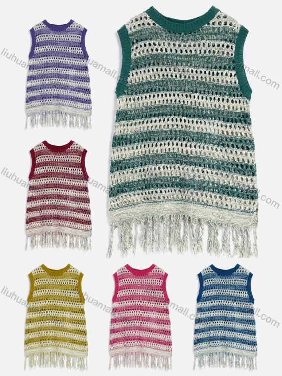 Wholesale Women's Casual Round Neck Striped Honeycomb Knit Tank Sweater 60854#