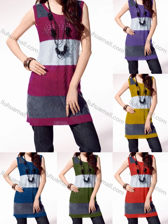 Wholesale Women's Casual Colorblock Cable Knit Round Neck Tank Sweater 4047#