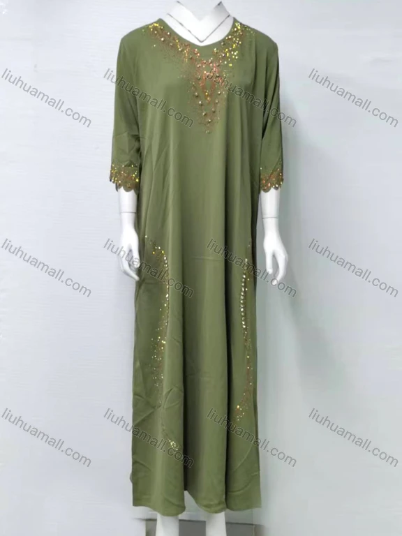 Wholesale Women's Elegant Plain Rhinestone Beaded Sequin Decor Crew Neck Scalloped Trim Maxi Abaya Dress 2419#