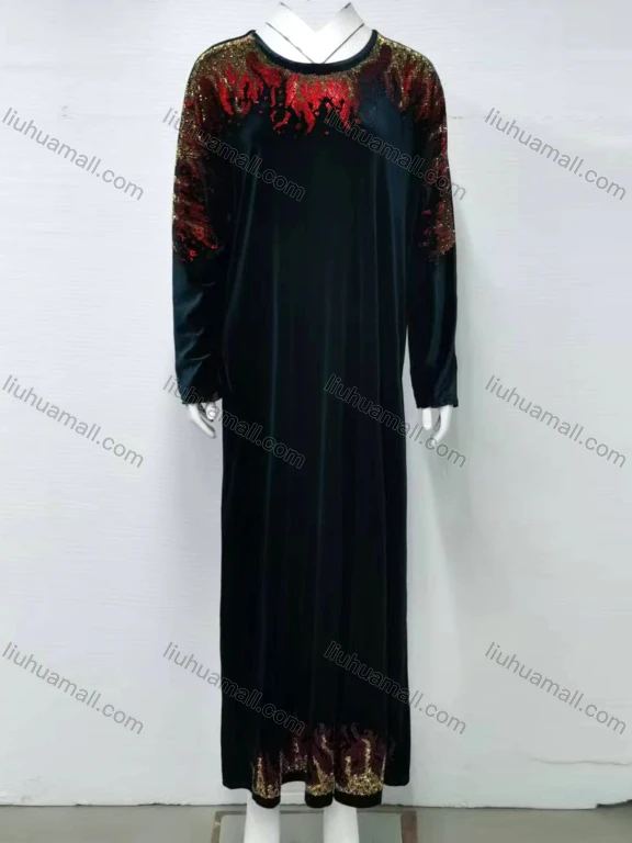 Wholesale Women's Casual Fire Print Sequin Crew Neck Long Sleeve Maxi Abaya Dress BE01-2424#