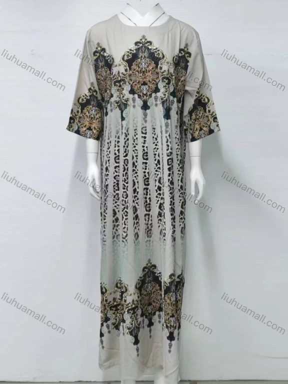 Wholesale Women's Casual Folk Art Leopard Print Crew Neck 3/4 Sleeve Maxi Abaya Dress EF23045#