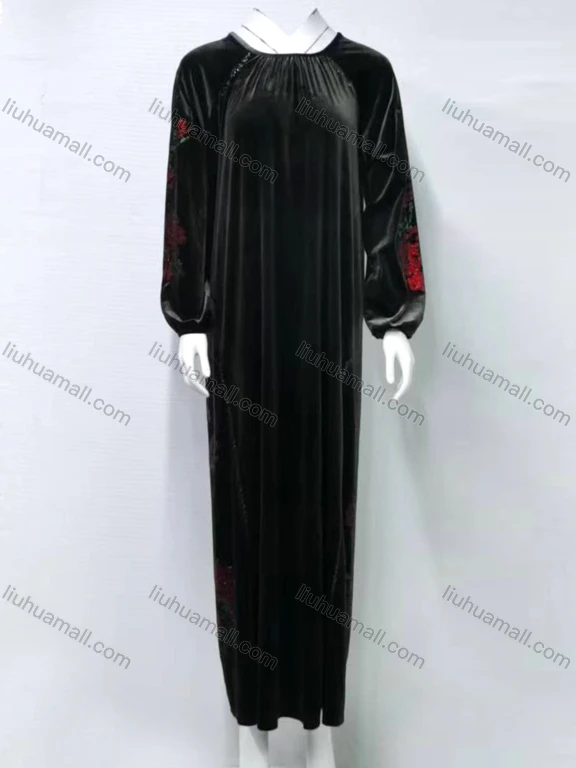 Wholesale Women's Elegant Plain Ruched Suede Crew Neck Long Sleeve Sequin Maxi Abaya Dress 2418#