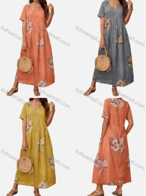 Wholesale Women's Vacation V Neck Short Sleeve Floral Print Maxi Dress, LIUHUA CLOTHING WHOLESALE