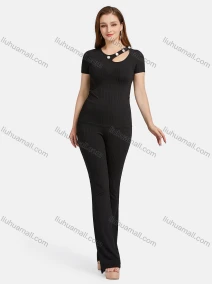 Wholesale Women's Casual Slim Fit Cut Out Short Sleeve Ribbed Plain Blouse 2-piece Set, LIUHUA CLOTHING WHOLESALE