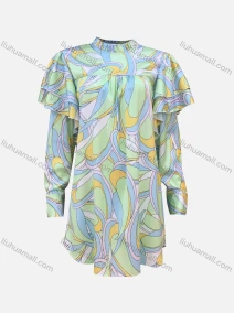 Wholesale Women's Casual Allover Print Ruffle Trim Mock Neck Long Sleeve Ruffle Hem Blouse, LIUHUA CLOTHING WHOLESALE