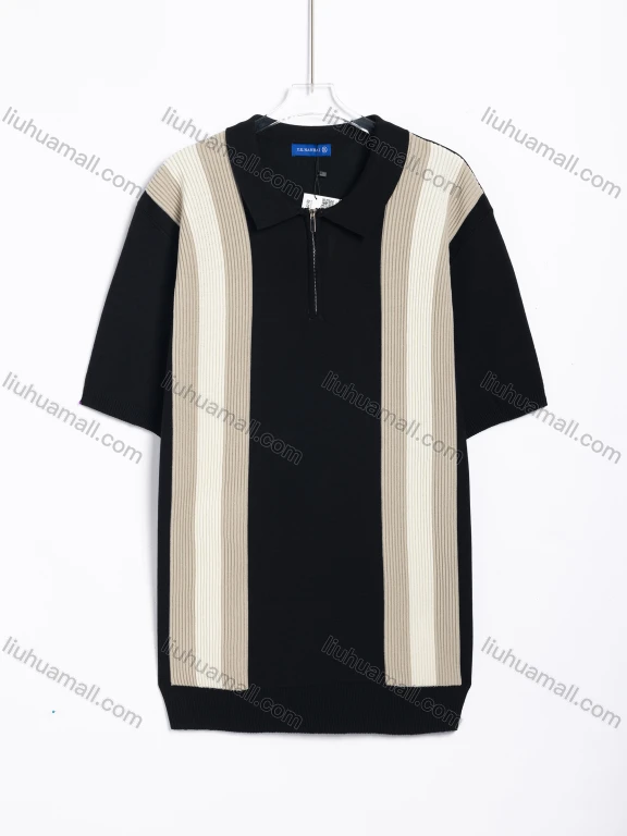 Wholesale Men's Casual Striped Zipper Collar Short Sleeve Knit Polo Shirt