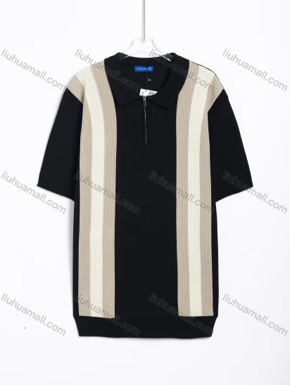 Wholesale Men's Casual Striped Zipper Collar Short Sleeve Knit Polo Shirt