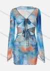 Wholesale Women's Sexy Allover Print Tie Front Cut Out Long Sleeve Short Dress M21DS156# - Liuhuamall