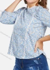 Wholesale Women's Casual Drawstring Sleeve Crochet Jacquard Trim Floral Print Blouse 1778# - Liuhuamall