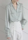 Wholesale Women's Fashion V Neck Poet Sleeve Button Down Patch Pocket Ruched Plain Shirts - Liuhuamall