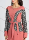Wholesale Women's Long Sleeve Round Neck Houndstooth Splicing A-line Maxi Dress With Belt - Liuhuamall