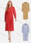Wholesale Women's Casual Floral Print Wrap Pleated V-Neck Poet Sleeve Midi Dress FL8061# - Liuhuamall