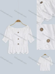 Wholesale Women's Plain Off Shoulder Short Sleeve Eyelet Embroidered Ruffle Trim Button Decor Scallop Hem Top FR2026#, LIUHUA CLOTHING WHOLESALE