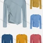 Wholesale Women's Plain Round Neck Ruched Long Sleeve Twist Front Asymmetrical Hem Blouse preview