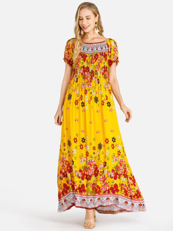 Women's Boho Short Sleeve Ruched Floral Print Dress, Clothing Wholesale Market -LIUHUA, Floral%20Dress