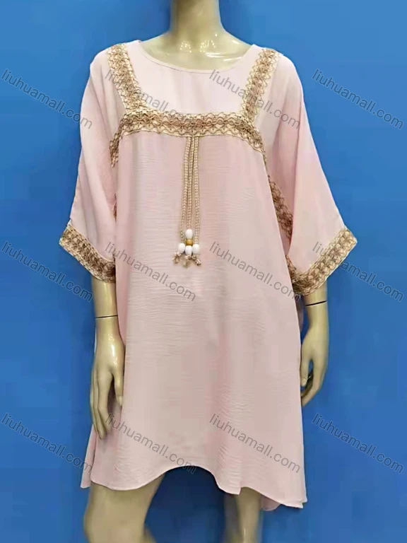 Wholesale Women's Vintage Crew Neck 3/4 Sleeve Embroidery Trim Short Dress