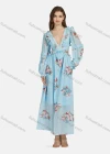 Wholesale Women's Sexy Vacation Floral Print Deep V Neck Ruffle Trim Lace Up Cut Out Long Sleeve Maxi Dress ST91182# - Liuhuamall