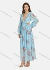 Wholesale Women's Sexy Vacation Floral Print Deep V Neck Ruffle Trim Lace Up Cut Out Long Sleeve Maxi Dress ST91182# - Liuhuamall
