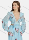Wholesale Women's Sexy Vacation Floral Print Deep V Neck Ruffle Trim Lace Up Cut Out Long Sleeve Maxi Dress ST91182# - Liuhuamall