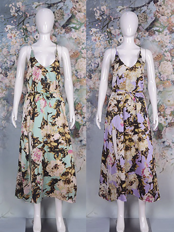 Women's Casual Spaghetti Strap Scoop Neck Floral Print Split Hem Midi Dress, Clothing Wholesale Market -LIUHUA, 