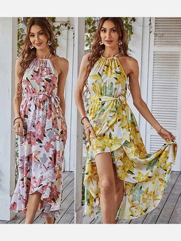 Women's Casual Halter Floral Print Irregular Hem Midi Dress With Belt, Clothing Wholesale Market -LIUHUA, 