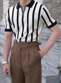 Wholesale Men's Modern Striped Polo Shirt Chic Design with Zipper and Contrast Colors 3612#, LIUHUA CLOTHING WHOLESALE