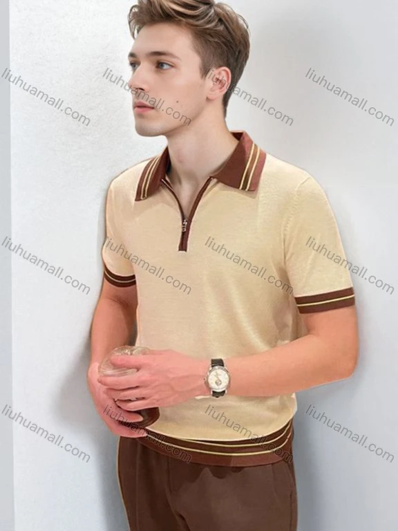 Wholesale Men's Retro Inspired Polo Shirt Stylish Short Sleeve Design with Zipper and Contrast Trim 3628#