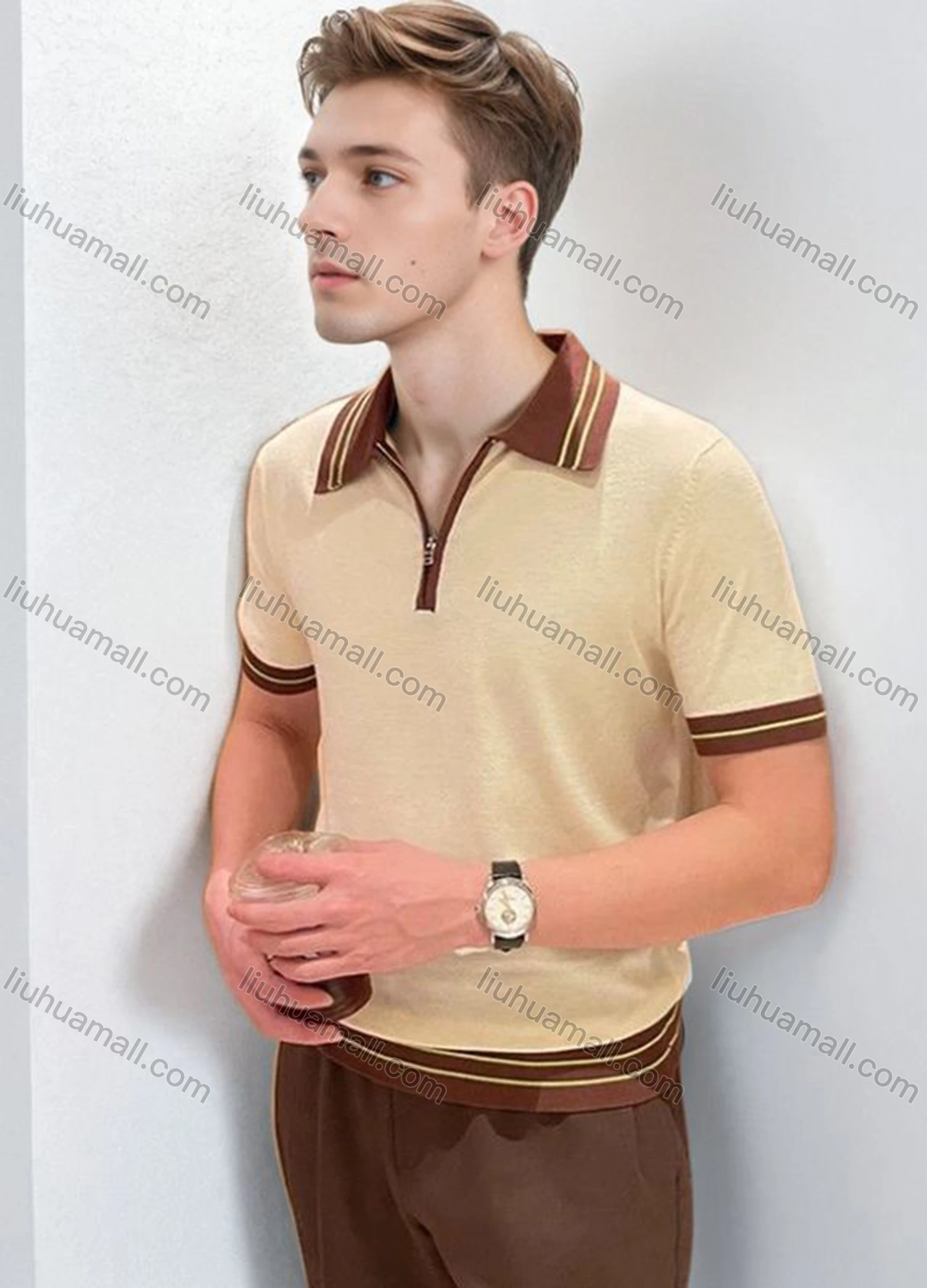 Wholesale Men's Retro Inspired Polo Shirt Stylish Short Sleeve Design with Zipper and Contrast Trim 3628#