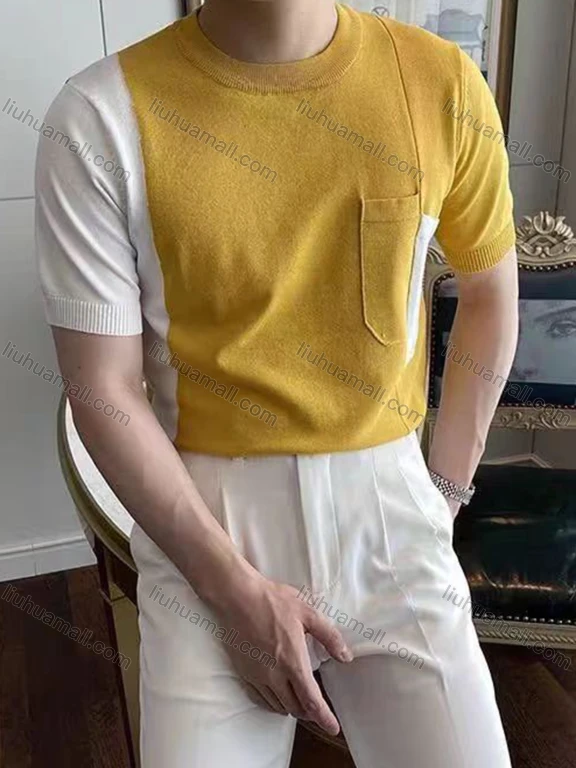 Wholesale Men's Colorblock T-Shirt Unique Short Sleeve Design with Pocket Detail 6824#