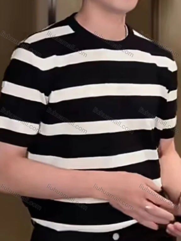 Wholesale Men's Striped Knit T-Shirt Casual Short Sleeve Design with Bold Horizontal Stripes 6904#
