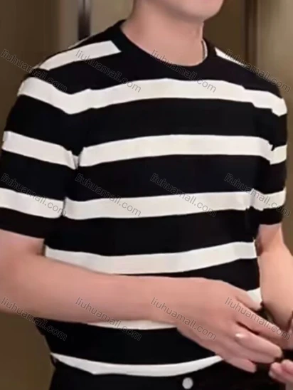 Wholesale Men's Striped Knit T-Shirt Casual Short Sleeve Design with Bold Horizontal Stripes 6904#