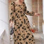 Wholesale Women's Caual Square-neck Bishop Sleeve Shirred Floral Print Two Tone Midi Dress AY055# preview