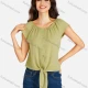 Wholesale Women's Casual Allover Print & Plain Bateau Neck Short Sleeve Buttons Down Tie Front Blouse Olive Green Clothing Wholesale Market Liuhua