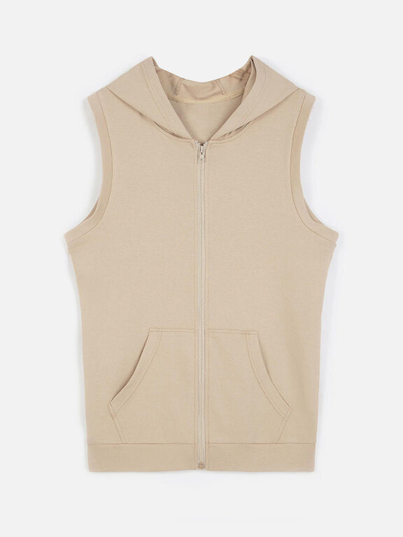 Men's Casual Plain Sleeveless Zipper Hoodies With Kangaroo Pocket, Clothing Wholesale Market -LIUHUA, All Categories