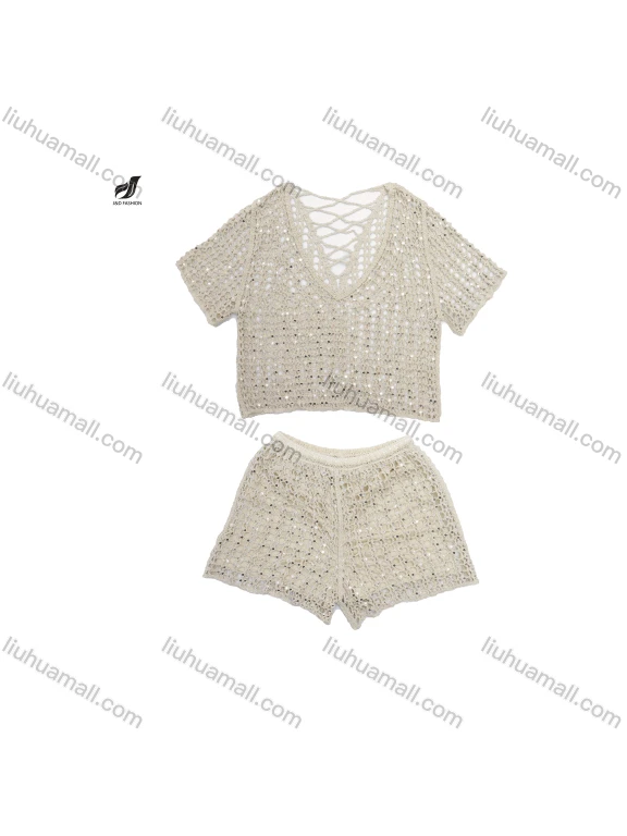 Wholesale heavy industry crochet hollow sequin cardigan vest outer short sleeveless hollow stacked A-line skirt two-piece sets