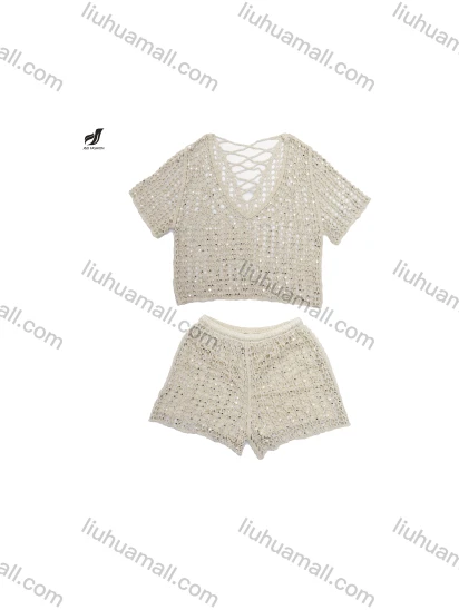 Wholesale heavy industry crochet hollow sequin cardigan vest outer short sleeveless hollow stacked A-line skirt two-piece sets
