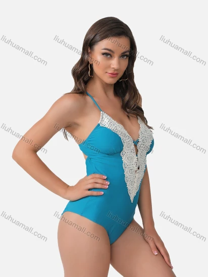 Wholesale Women's Sexy Deep V Neck Lace Trim Cross Back One Piece Swimsuit