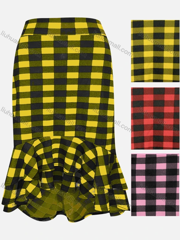 Wholesale Girls Casual Elastic Waist Plaid Ruffle Hem Knee Length Skirt