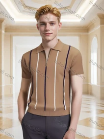 Wholesale Oscar Factory Temperament Men's Knitted Striped Polo Shirt, comfortable and breathable, zipper design, LIUHUA CLOTHING WHOLESALE
