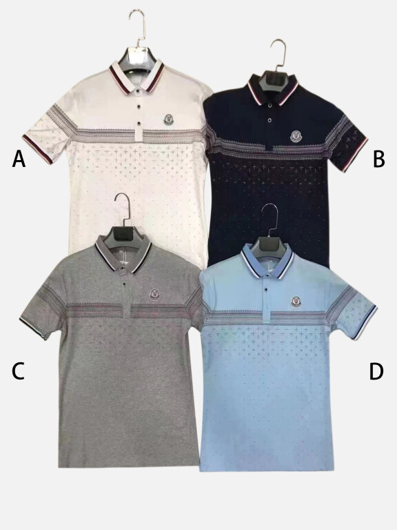 Men's Casual Short Sleeve Folk Art Print Label Striped Trim Button Front Polo Shirts, Clothing Wholesale Market -LIUHUA, 