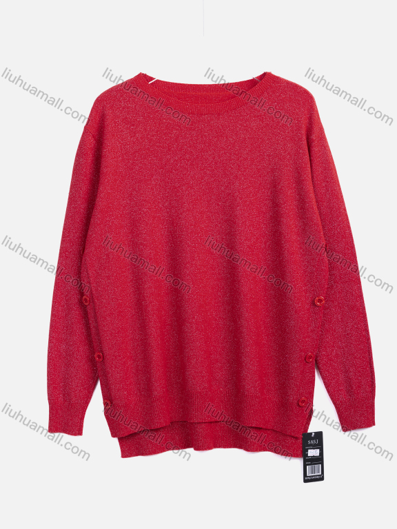 Wholesale Women's Causal Crew Neck Long Sleeve Plain Button Decor High Low Hem Knit Sweater 523#