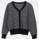 Wholesale Women's Casual Striped V Neck Long Sleeve Button Down Knit Cardigan 3628# Black Clothing Wholesale Market Liuhua