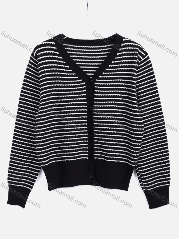 Wholesale Women's Casual Striped V Neck Long Sleeve Button Down Knit Cardigan 3628#